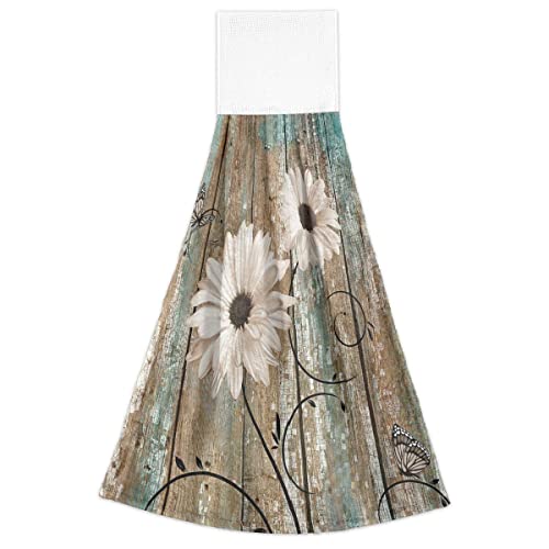 2Pcs Rustic Daisy Flower Kitchen Hand Towels Vintage Wooden Board Hanging Tie Towels With Loop & Hook Soft Vintage White Flower Rustic Barnwood Dishcloths For Bathroom Washroom Guestroom Hotel #TOP1