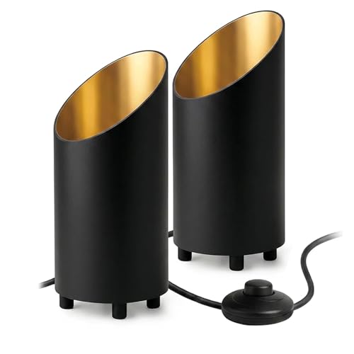 SSC-LUXon AUREVA lot de 2 lampes de sol noir-or – luminaire décoratif LED GU10 pour salon & chambre – petite lampe de chevet design avec interrupteur au...