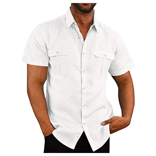 Pengfei Camisetas masculinas de manga curta de linho e algodão com botões e gola aberta, A - Branco, XXG