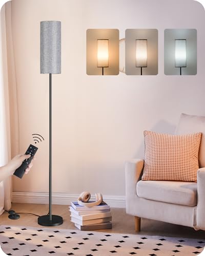 Image of Dimmable Gray Floor Lamp for Living Room with Remote and Foot Switch, Corner Floor Lamp for Bedroom, Modern Standing Tall Lamp, 10W 900LM Bulb Included, 3000K-6500K, Linen Shade, FCC Listed H06LD05W1