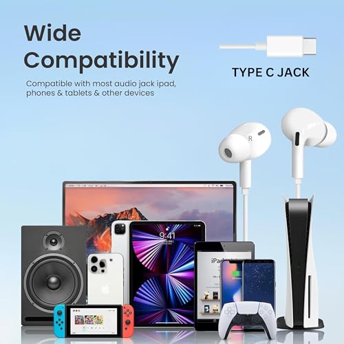 Image of Shot C Pro Type C Earphones for iPhone 15 /16 Series, Wired Earbuds with Mic, Hi-Fi Stereo Sound, Deep Bass, in-Line Controls, Type C Connector, Noise Isolation, Tangle Free Cable - White
