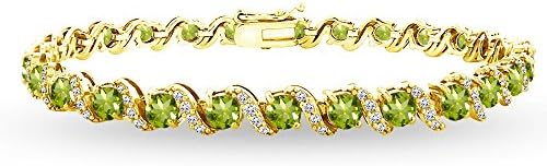 B. BRILLIANT Yellow Gold Flashed Sterling Silver Periodot 4mm Round-Cut S Design Tennis Bracelet with White Topaz Accents