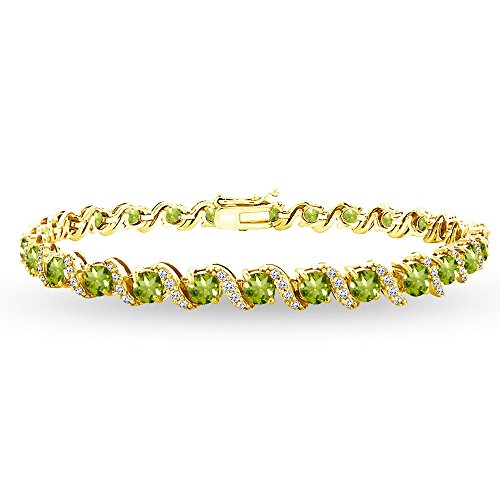 B. Brilliant Yellow Gold Flashed Sterling Silver Periodot 4Mm Round-Cut S Design Tennis Bracelet With White Topaz Accents #TOP15