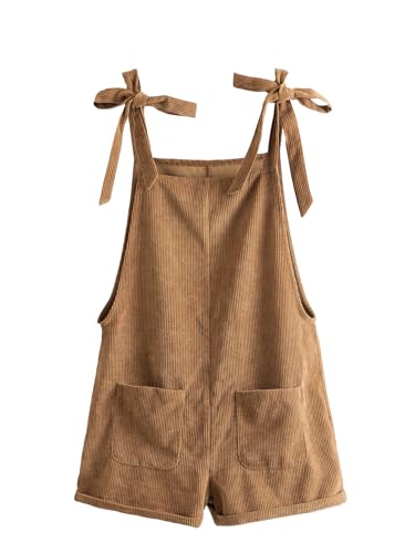 OYOANGLE Women's Corduroy Romper Strap Tie Knot Shoulder Overall Shorts