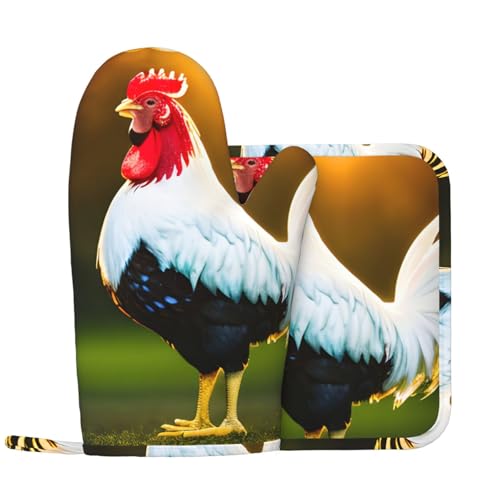 Shine - Juego de guantes de horno con estampado de gallo para cocina, asar, microondas, cámper al aire libre