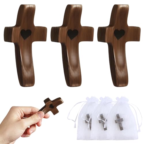 3 Pcs Wooden Cross With Pattern, Cross My Heart Encouragement Gifts, Handheld Protection Wooden Crosses Fingertip Stress Relief Gifts With Organza Bag, Pocket Cross for Religious Gift for Men Women