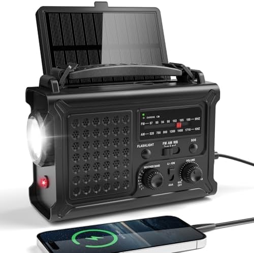 12000mAh Notfallradio mit Kurbel und Solar, Tragbar Weltempfänger Radio | AM/FM Empfang & 8500mm² Solarpanel, Aufladbar Powerbank, SOS, Taschenlampe & Leseleuchte für Notfall Überl