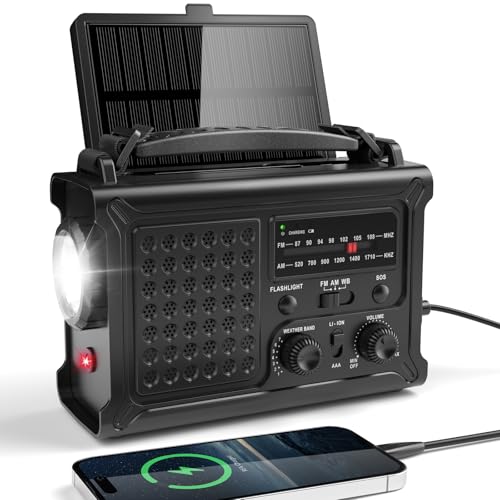 12000mAh Solar Kurbelradio, Tragbar Weltempfänger Radio, Notfallradio mit AM/FM Empfang & 8500mm² Solarpanel, Aufladbar Powerbank, Taschenlampe & Leseleuchte für Notfall Überleben Stromausfälle