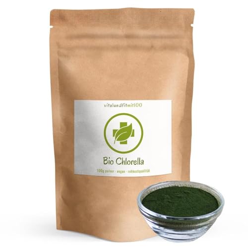 Bio Chlorella Pulver - 100 g - Grünalge, Süßwasseralge - in Rohkostqualität - vegan, rein, glutenfrei - OHNE Hilfs- u. Zusatzstoffe
