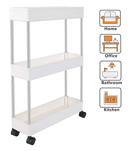 exilot 3 Tier Slim Storage Cart Narrow Shelving Unit Organizer Slide Out Storage