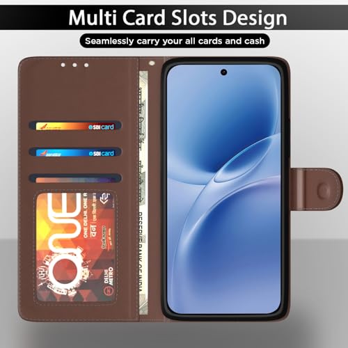 Image of Pikkme Flip Cover for Vivo V70 FE 5G | Leather Finish | Wallet Stand and Shock Proof | Complete Protection Flip Case (Tan)