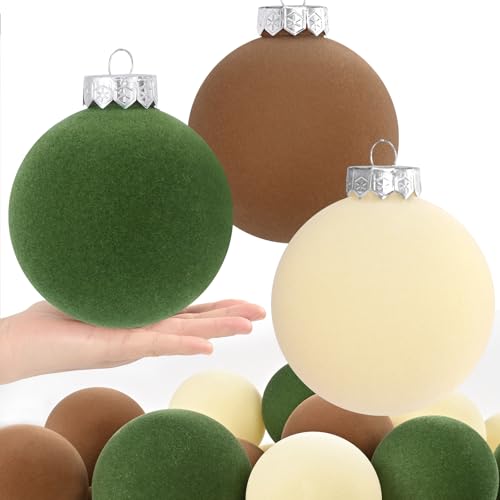 Waipfaru 15 Pcs(3.9 In/100 mm) Velvet Christmas Ornaments Balls Set Brown Green Neutral Christmas Tree Ornaments Flocked Xmas Tree Balls for Xmas Holiday Party Decorations