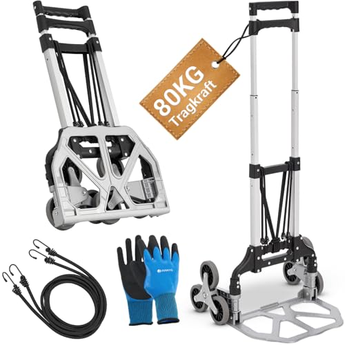 Juskys Treppensackkarre klappbar & bis 80 kg belastbar - Alu Mini Sackkarre für Treppen - mit Handschuhen & Expanderseilen - Treppensteiger klein