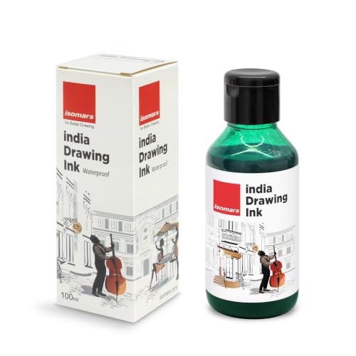 Image of Isomars India Waterproof Drawing Ink Green 100ml | Professional Artist Ink for Illustration, Calligraphy, Airbrush, Canvas, Fabric, Wood, Paper & Technical Drawing