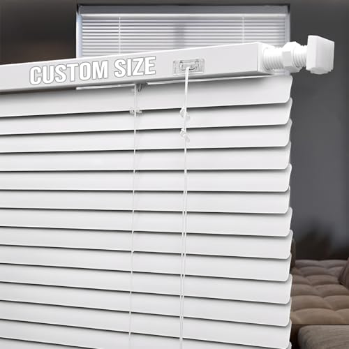 Celtty Custom Size Aluminum Mini Blinds for Indoor Windows No Drill Blackout Shades Metal Slat Darkening Venetian Blind No Tools for Home Office Bathroom Kitchen (White)