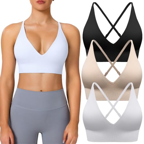 Image of Women's Deep V Neck Sports Bras, Adjustable Straps Criss Cross Strappy Back | Removable Pads, Convertible Straps, Padded, 3 /5Pack, Wireless, Seamless, Bralettes, Spaghetti Strap, for Daily Yoga Pilates