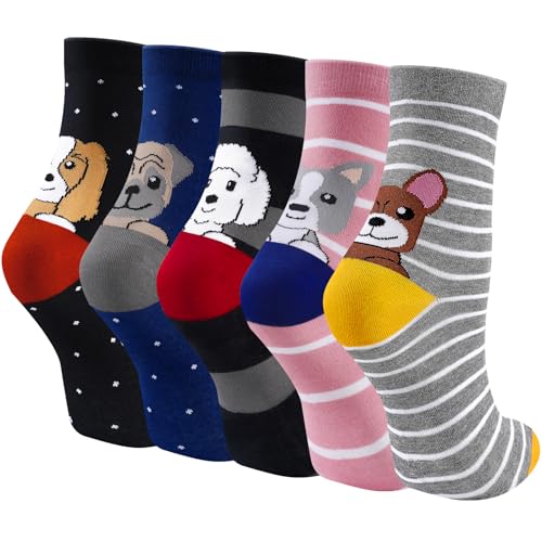 SukModen Calze Divertenti Donna 5 Paar, Gatti Colorati & Motivi Gatto/Cane, Dolci & Divertenti, Scatola Cotone Regalo Natale/Compleanno, Taglia 35-42​​