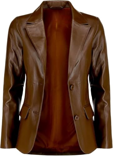 Women's Classic 2-Button Lambskin Leather Blazer - Casual Long Sleeve Leather Jacket2