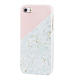 Gold Marble iPhone SE 5S 5 Case Ucolor Pink Geometric Dual-layer Hard Back+Flexible TPU Protective Cover for iPhone SE/5S/5 with [Slim Tempered Glass Screen Protector]