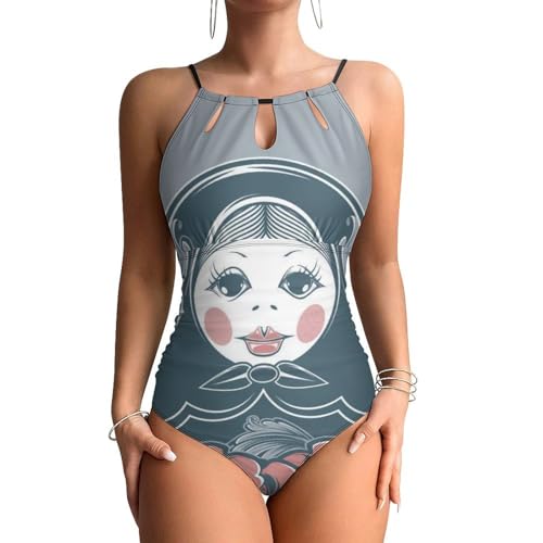 Monokini beachwear femme à motif poupée japonaise avec doublure gainante