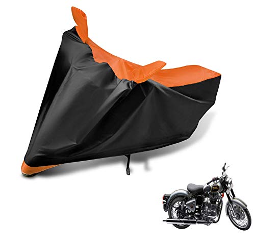 Image of Auto Hub Bike Cover Compatible with RE Classic 350 with Mirror Pocket, Dustproof, Heat Resistant, Triple Stitched, Classic 350 Bike Cover- Black, Orange