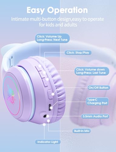 Image of Cat Ear Bluetooth Headphones for Kids & Adults, 55H Play Time, Wireless Foldable & Wired Multi-Function LED Light Up Over Ear Headphones with Mic and Volume Control for iPhone /iPad /Laptop /PC