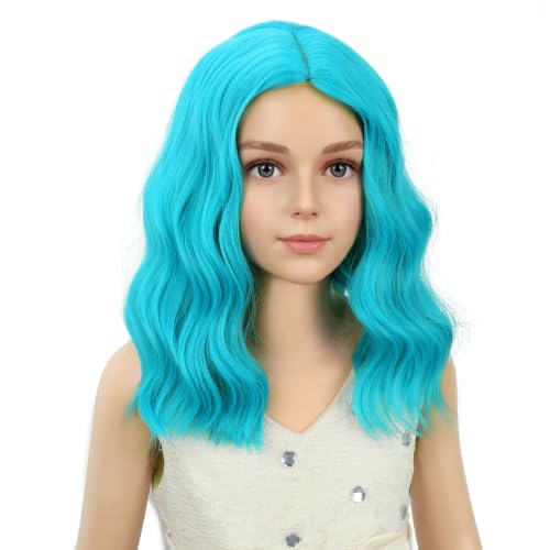Image of PATTNIUM Girls Blue Green Short Curly Wavy Wigs Kids Side Part Shoulder Length Heat Resistant Synthetic Wig Halloween Cosplay Costume Party Wigs