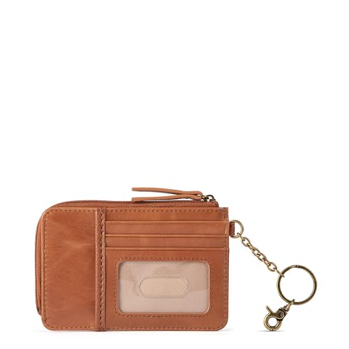 The Sak Iris Wallet in Leather, Elevated Card Holder with Keychain, Tobacco Floral Embossed II3
