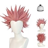 JoneTing Pink Spiky Wig【+Hair Cap】 Short Pinky Curly Wig with Bangs Pink Wavy Cosplay Wigs Pinky Spiky Cosplay Hair for Party Outfit Halloween Christmas Themed Party