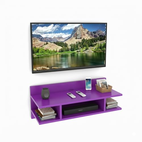 Image of Engineered Wood Set Top Box Stand | Wall Mounted TV Unit Shelf for Router, WiFi, DVD, Gaming Console | Sturdy & Space Saving TV Accessory Organizer (Brown, 50 x 20 x 15 cm) (Purple)