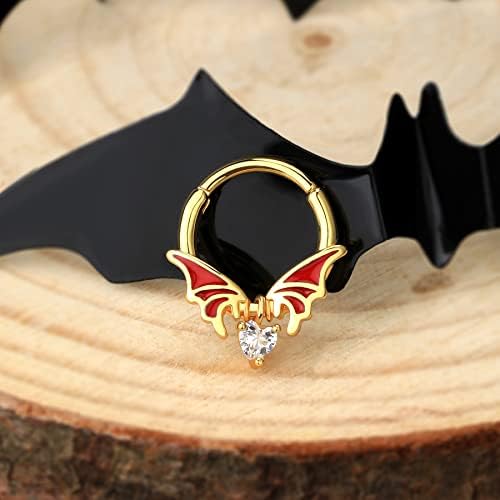 Melighting 16G Bat Septum Ring Cartilage Hoops Hinged Segment Ring 316L Surgical Steel Helix Earrings Daith Conch Hoops Dangle Heart Septum Piercing Jewellery for Halloween