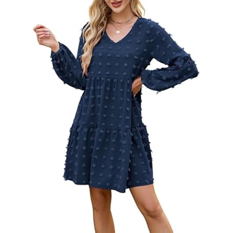 JOCAFIYE Womens Dresses Swiss Dot Long Sleeve V Neck Dress Mini Dress Wedding Guest Dresses Fall Dresses for Women 2024 Mid Blue M Cover