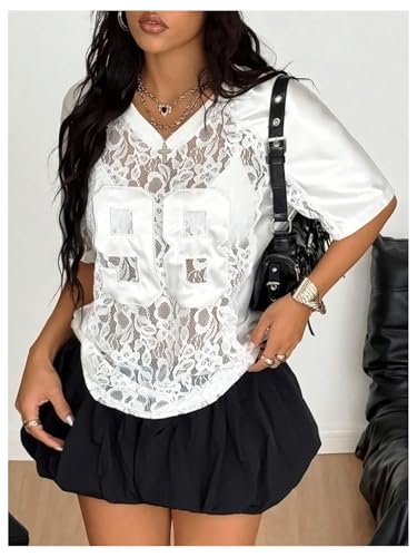 MakeMeChic Women's Jersey Shirts Lace Sheer Top V Neck Letter Graphic Oversized Tee Top2