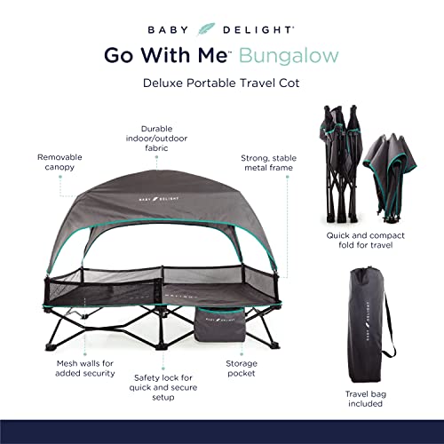 Baby Delight Go With Me Bungalow Deluxe Portable Cot, Toddler Travel Bed, Indoor And Outdoor, Sun Canopy, Grey & Teal #TOP1