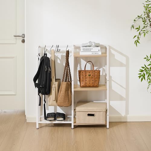 ハンガーラック 棚付き 3段 カバン収納 バッグ収納ラック 洋服ラック 幅80×奥行24×高さ90.5cm 10個S字フック付き ランドセル 吊り下げ バッグ 収納 玄関 リビング 省スペース (オーク) [3]