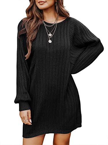 Anrabess Women's Pullover Sweater Dress Long Batwing Sleeve Crew Neck Ribbed Knit Casual Relaxed Fit Mini Dress 600Heise-S Black #TOP1
