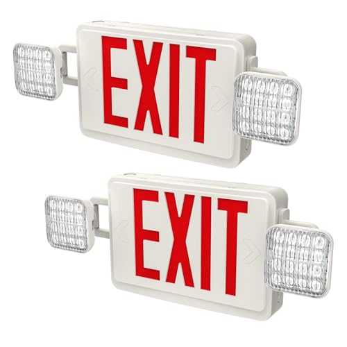 EXITLUX 2 PACK LED Exit Sign Battery Backup with Emergency -EXIT Sign with 2 Adjustable Head Lights and Back Up Batteries- Emergency Exit Lighting, UL 924,120-277 VAC.