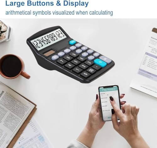 Black Desk Basic Office Calculator - 12-Digit Dual Solar Battery Calculators with Large LCD Display, Office Calculator with Large Buttons, Standard Function Desktop Calculator for Office Home School