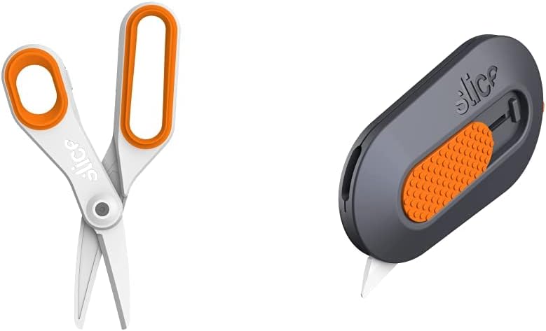 Slice 10545 Ceramic (Large), Rounded Tip Finger-Friendly Edge, Safer Choice, Lasts 11x Longer Than Metal, Safety Scissors (1 Pack) & 10515 Mini Box Cutter, Ceramic Blade Locks Into Position