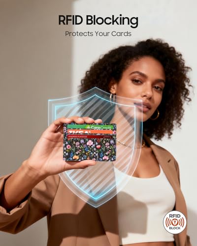 Image of FINTIE Slim Minimalist Front Pocket Wallet, RFID Blocking Credit Card Holder Card Cases with ID Window for Men Women (Black Floral)