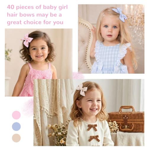 Image of CELLOT 40 Pieces Girls Hair Bows 3 inches Linen Fabric Bows Alligator Clips Hair Accessories for Baby Girls Toddlers Kids and Teens