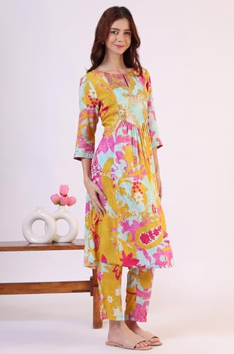 Image of W for Woman Orange Abstract Printed Tiered Spaghetti Kurta and Leggings Set with Dupatta