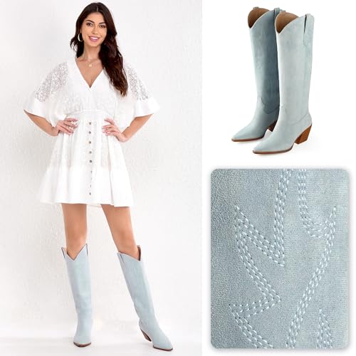 Image of iiimmu Cowgirl Boots Women Knee High Boots Pointed Toe and Block Heel Cowboy Suede and Faux Leather Boots with Embroidered