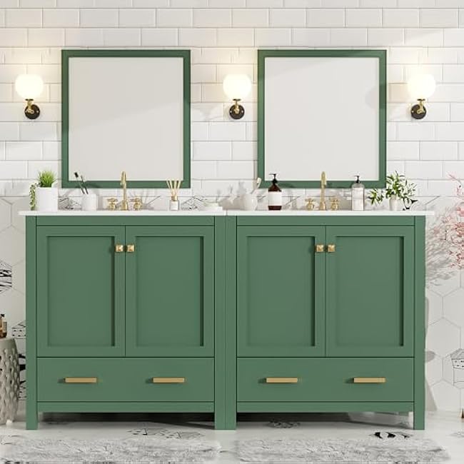 60 Bathroom Vanity Set with Double Ceramic Sinks, Freestanding 2 Dressers Undermount Storage Cabinet with Storage Shelf on Doors and Divided Drawers, Space-Saving Design/Solid Wood Frame