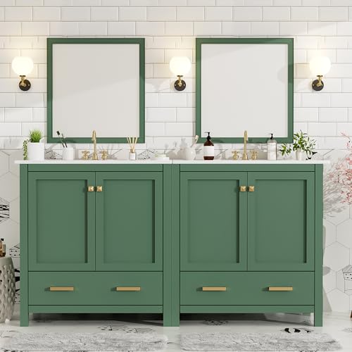 HiHomely 60 Inches Green Double Bathroom Vanity Set with Ceramic Sinks, Storage Shelf & Divided Drawers – Modern Bathroom Solution for Spacious Bathrooms (Mirror Not Included)
