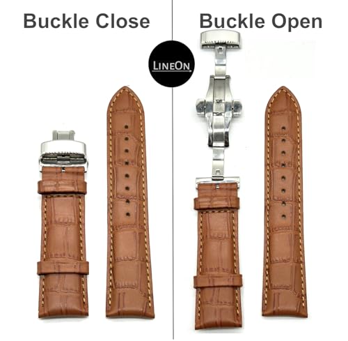 Image of Lineon 20mm Half Padded Leather Mens Watch Strap with ButterFly Lock For Branded Watches Tool and Pins Include