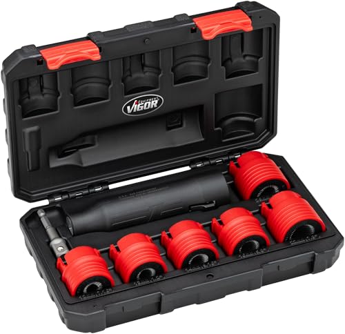 VIGOR Bolzenreiniger V6850/6, 8-teilig, zur Reinigung von Radbolzen und Stehbolzen, entfernt Rost und Schmutz, 1/2 Zoll Aufnahme, für Akkuschrauber und Bohrmaschine