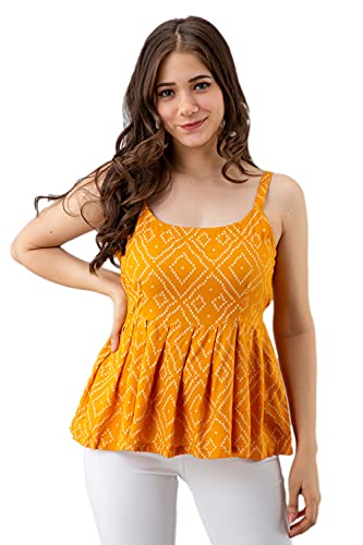 Madnoo Women's Bandhani Printed Sleeveless Kurta |Short Kurti for Women