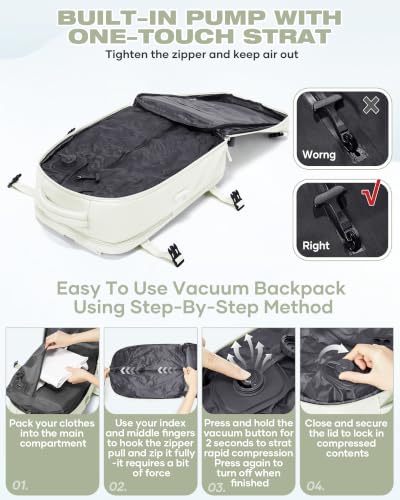 Image of suradar Vacuum Seal Travel Backpack Built-in Pump,Air Compression System Vacuum Vacpack Backpack Travel Bag for Women Men Carry On Suitcase Luggage Laptop Airlines Approved Space Saver Bags White