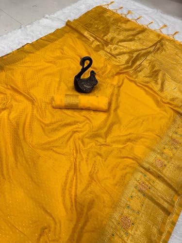 Image of Kanjivaram Silk Saree for Women - Handloom Floral Weaving, Contrast Border, Heavy Gold Zari Rich Pallu, Traditional Designer Wedding & Festive Saree with Blouse Piece